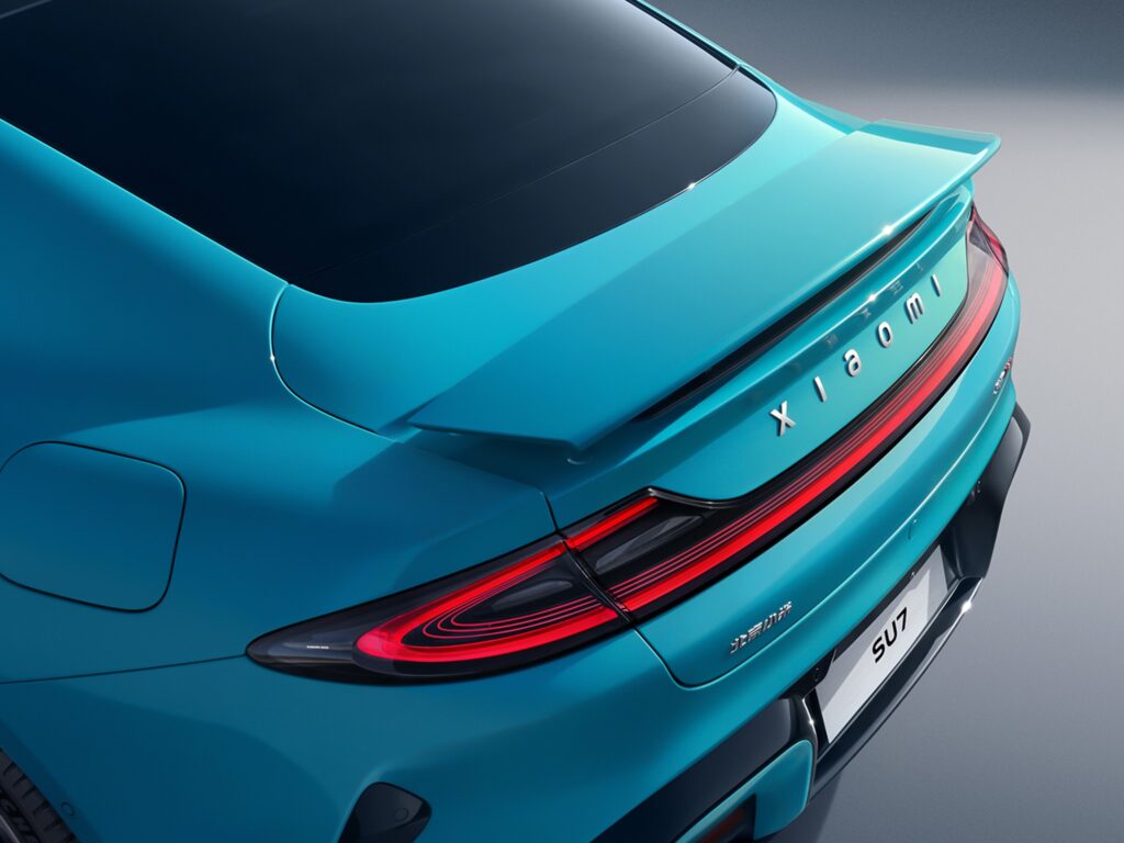 Xiaomi SU7 and SU7 Max - Rear view that shows spoiler, LED tail-lights and Xiaomi EV branding.