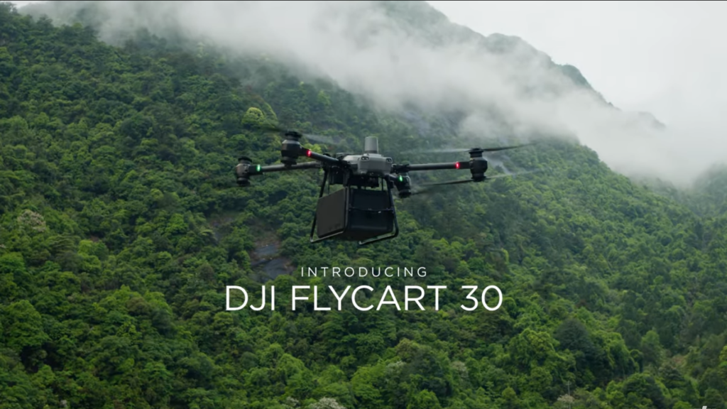 DJI FlyCart 30 carrying goods in the air.