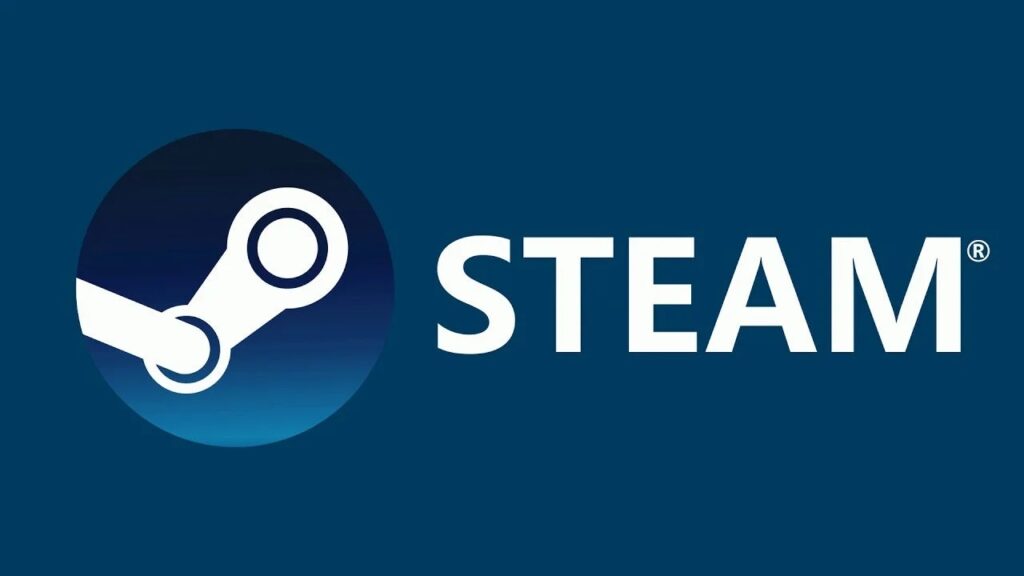 Steam logo. Blue background and white font color.